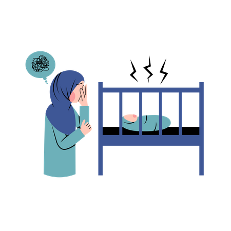 Hijab woman suffer from postpartum syndrome  Illustration