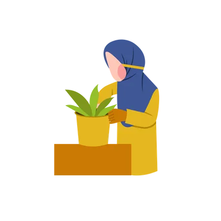Hijab woman taking care of plant Illustration