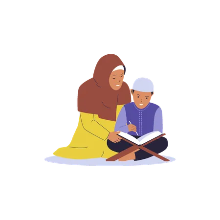 Hijab woman teaching quran to little boy  Illustration
