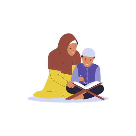 Hijab woman teaching quran to little boy  Illustration