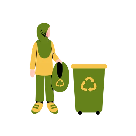 Hijab woman throw waste into bin Illustration