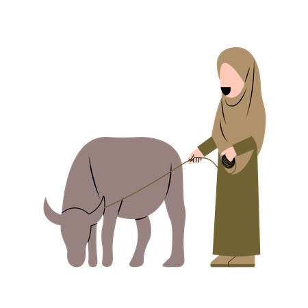 Hijab Woman With Buffalo  Illustration