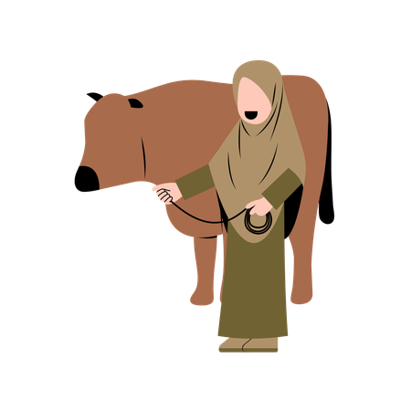 Hijab Woman With Cow  Illustration