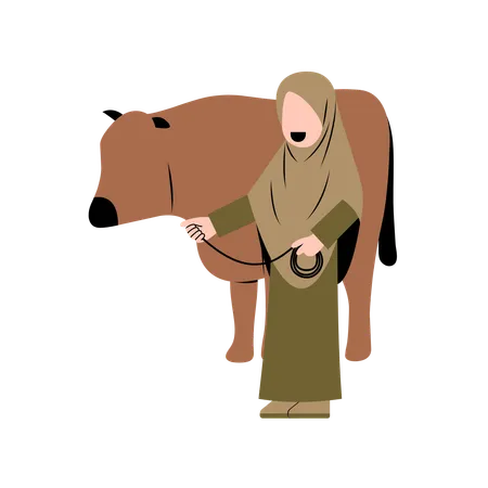 Hijab Woman With Cow  Illustration