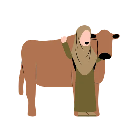 Hijab Woman With Cow  Illustration