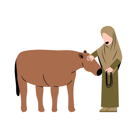 Hijab Woman With Cow  Illustration