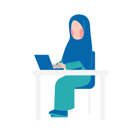 Hijab Woman Working On Desk Illustration