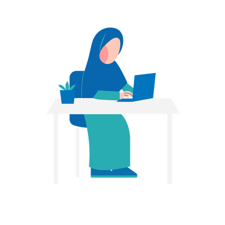Hijab Woman Working On Desk  Illustration