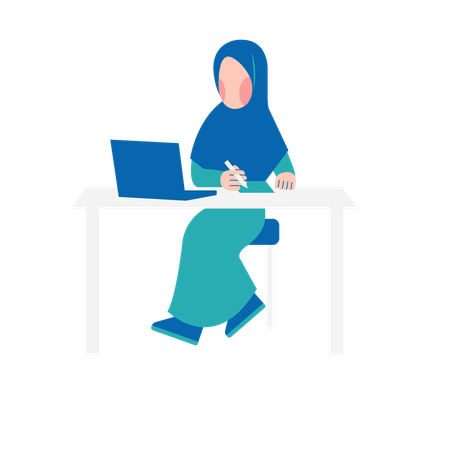 Hijab Woman Working On Desk  일러스트레이션