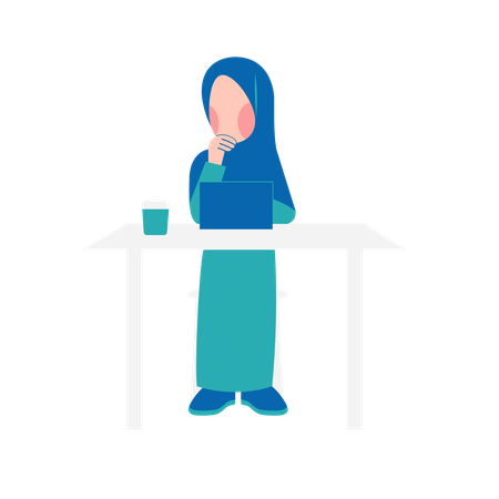 Hijab Woman Working On Desk  Illustration