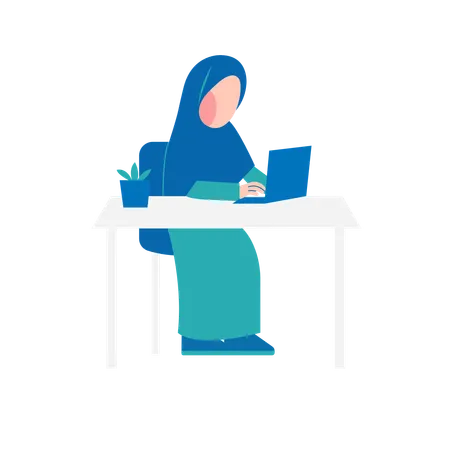 Hijab Woman Working On Desk  Illustration