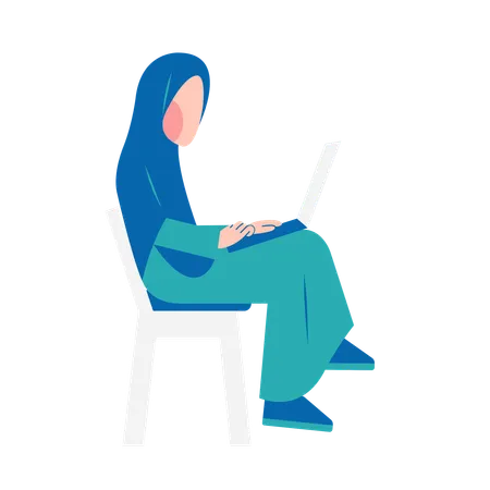 Hijab Woman Working On Laptop Illustration