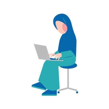 Hijab Woman Working On Laptop  Illustration