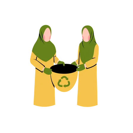 Hijab women collect recycling waste  Illustration