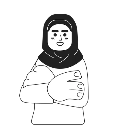 Hijab Young Adult Woman Confident Arms Folded Black And White 2 D Cartoon Character Crossed Arms Muslim Female Isolated Vector Outline Person Headscarf Casual Monochromatic Flat Spot Illustration Illustration