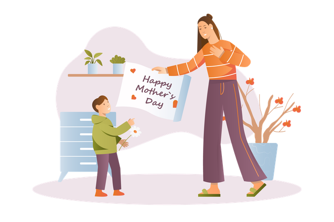 El pequeño hijo le desea a su madre un feliz día de la madre  Ilustración