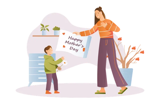 El pequeño hijo le desea a su madre un feliz día de la madre  Ilustración