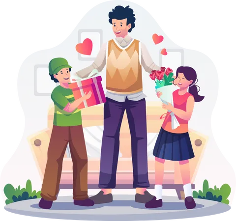 Hijo e hija le regalan flores y regalos al padre en el Día del Padre  Ilustración