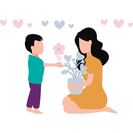 El hijo le está regalando flores a su madre.  Ilustración