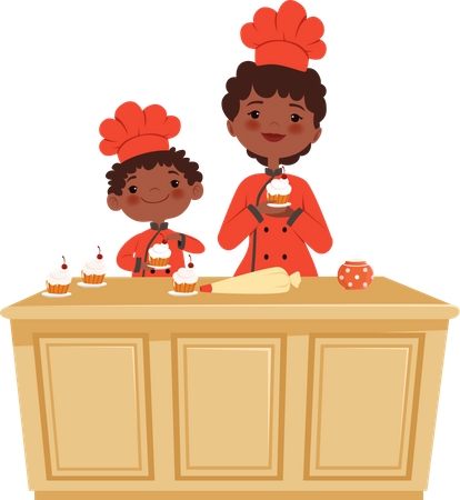 Hijo horneando pastel con madre  Ilustración