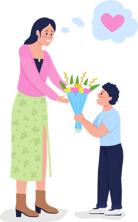 Hijo regalando flores a su mamá  Ilustración