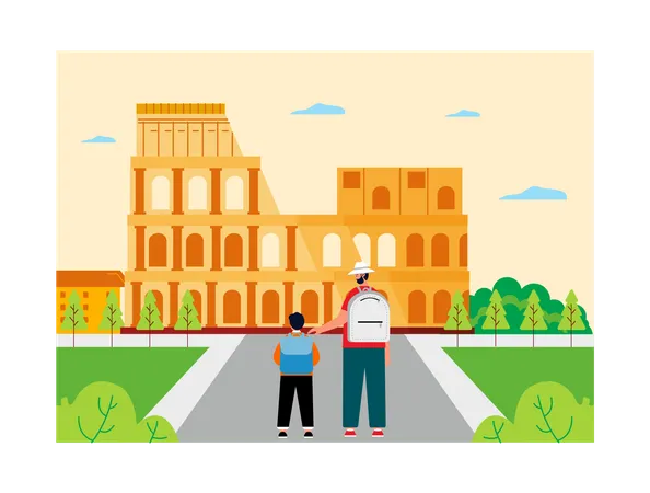 Hijo viajando a Roma con padre.  Ilustración