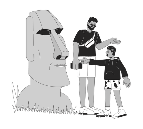 Hijo y padre afroamericanos visitan la estatua moai  Ilustración