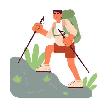 Hiker Climber With Trekking Poles Conceptual Hero Image Outdoor Recreation 2 D Cartoon Character On White Background Nature Walking Isolated Concept Illustration Vector Art For Web Design Ui Illustration