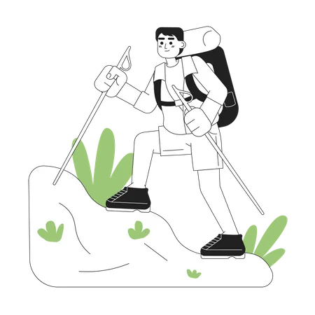 Hiker Climber With Trekking Poles Concept Hero Image Outdoor Recreation 2 D Cartoon Outline Character On White Nature Walking Isolated Black White Illustration Vector Art For Web Design Ui Illustration