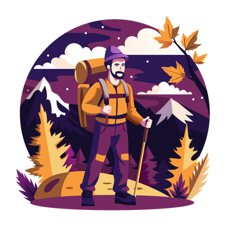 Hiker wearing backpack and holding stick  Illustration