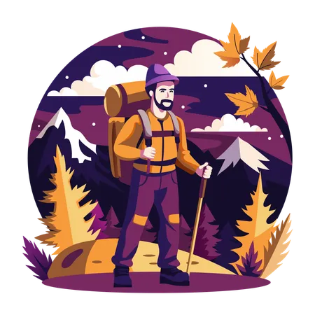 Hiker wearing backpack and holding stick  Illustration