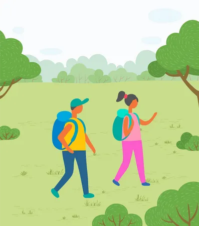 Hikers Couple with Backpacks on Nature among Trees  Illustration
