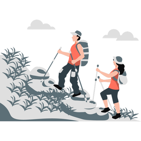 Hiking couple starts climbing at mountain  Illustration