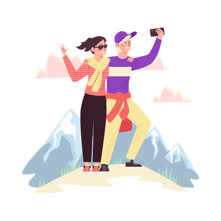 Hiking couple taking selfie  Illustration