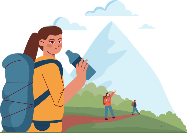 Hiking girl drinking water during trekking  Illustration