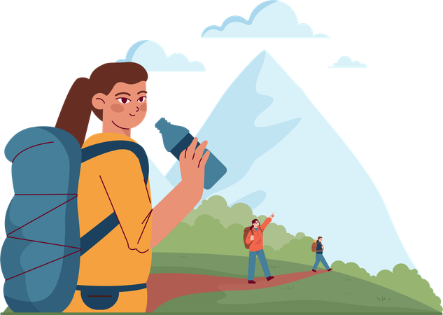Hiking girl drinking water during trekking  일러스트레이션