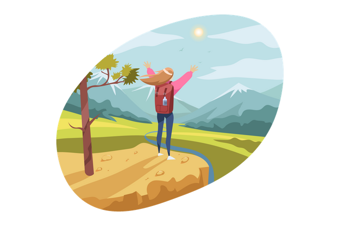 Hiking girl reached top pf montain  Illustration