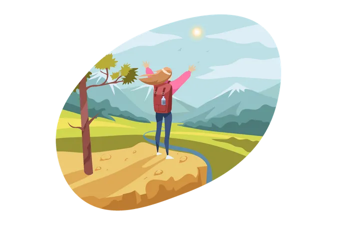 Hiking girl reached top pf montain  Illustration