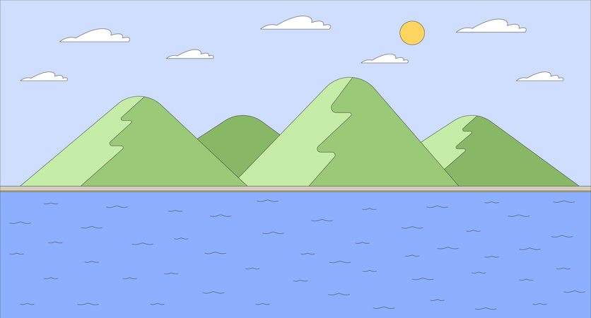 穏やかな海に浮かぶ丘陵の島  イラスト