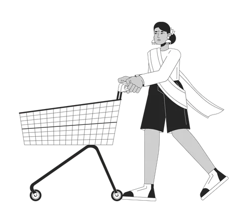 Hindu Female Uses Shopping Cart Black And White 2 D Line Cartoon Character South Asian Woman Store Customer Isolated Vector Outline Person Store Trolley Monochromatic Flat Spot Illustration Illustration