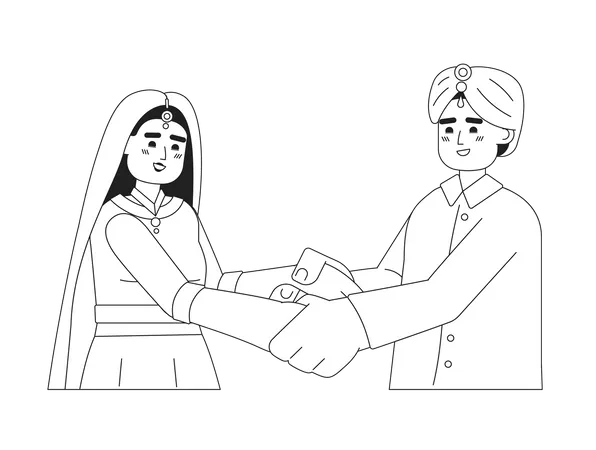 Hindu Wedding Couple Holding Hands Monochromatic Flat Vector Characters Happy Indian Groom And Bride Editable Thin Line Half Body People On White Simple Bw Cartoon Spot Image For Web Graphic Design Illustration