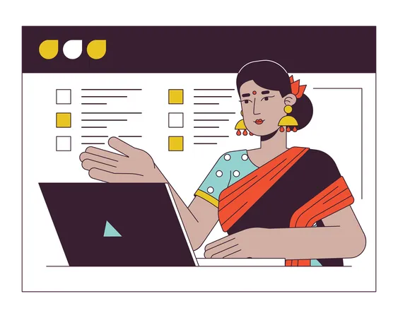 Hindu Woman On Web Conferencing Flat Line Concept Vector Spot Illustration Indian Lady In Online Screen 2 D Cartoon Outline Character On White For Web UI Design Editable Isolated Color Hero Image Illustration