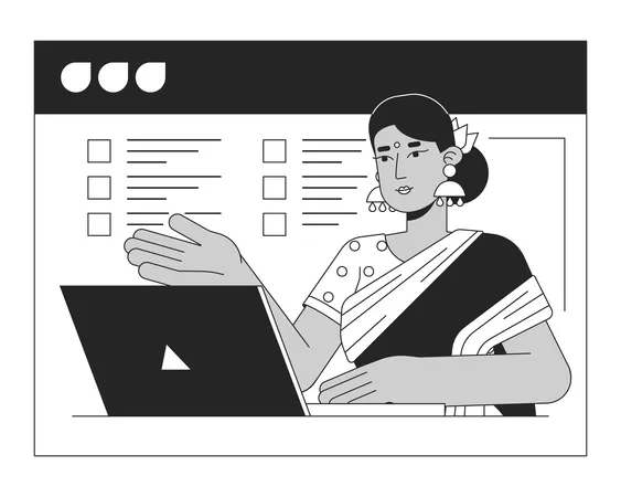 Hindu Woman On Web Conferencing Bw Concept Vector Spot Illustration Indian Lady In Online Screen 2 D Cartoon Flat Line Monochromatic Character For Web UI Design Editable Isolated Outline Hero Image Illustration