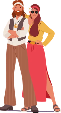 Hippie couple standing in pose  Illustration