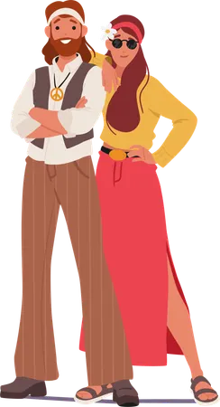 Hippie couple standing in pose  Illustration