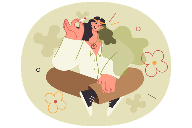 Hippie girl smokes crack sitting on lawn in park enjoying culture of freedom and pacifism  Illustration