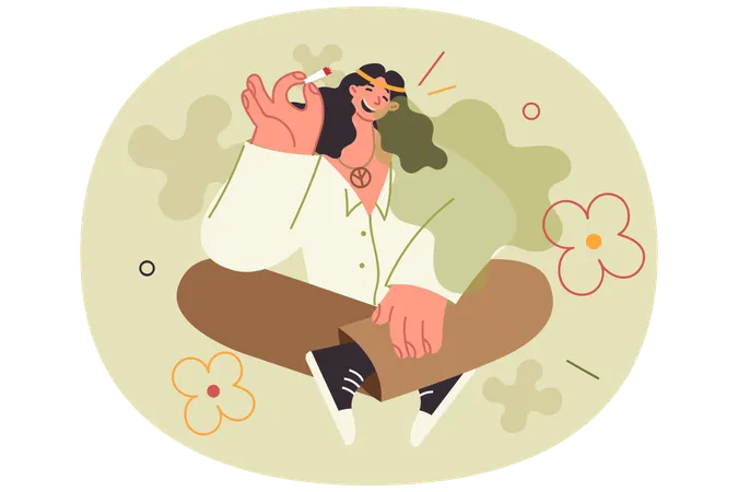 Hippie girl smokes crack sitting on lawn in park enjoying culture of freedom and pacifism  Illustration