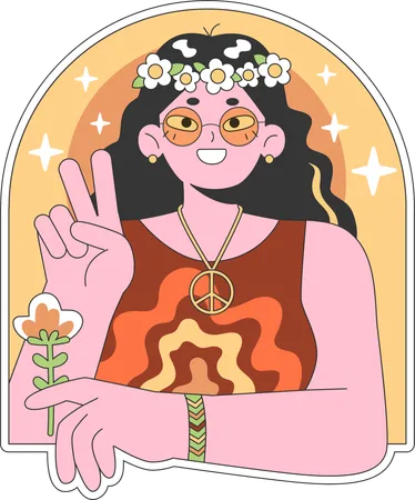 Hippie girl with victory gesture  Illustration