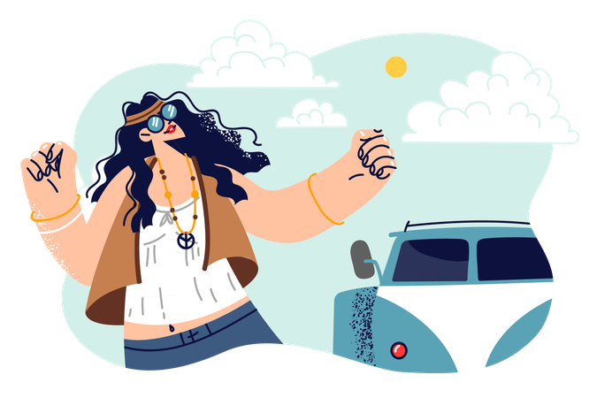 Hippie woman dances standing near minivan and celebrates summer vacation  Illustration