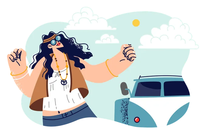 Hippie Woman Dances Standing Near Minivan And Celebrates Start Of Travel Or Summer Vacation Hippie Girl With Symbol Of Pacifism On Chain Goes On Tourist Trip Or To Woodstock Festival Illustration